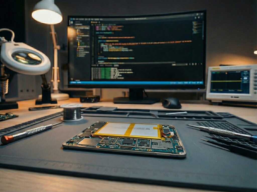 An opened tablet on an electronics workbench, with source code on the monitor behind it